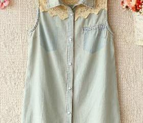 Sleeveless Denim Shirt With Lace