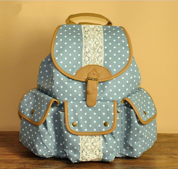 Light Blue Polka Dots Lace Backpack on Luulla
